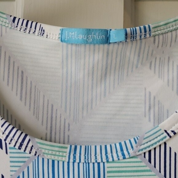 J. MCLAUGHLIN BLUE AQUA WHITE STRETCH CATALINA CLOTH KNIT TOP LARGE GEOMETRIC - Picture 2 of 6
